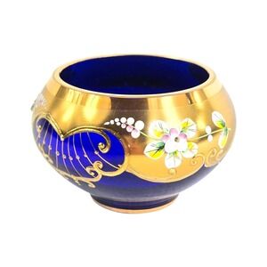 Slavia 18K Gold Handmade Cobalt Blue Madonna Czech Bohemian‎ Bowl Crystal Glass